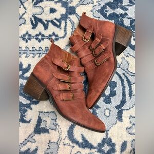 LUCKY BRAND Loreniah Leather Ankle Boots Booties Buckles Western Oxblood Red 10